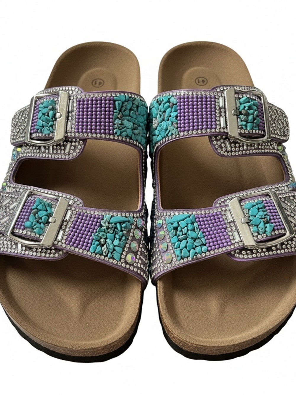Beaded Turquoise & Purple Double-Buckle Slide Sandals